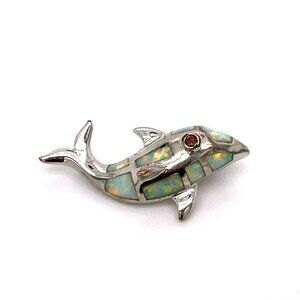 VTG Estate Sterling Silver, Garnet & Inlaid Opal Dolphin Whale Pendant Charm! 70